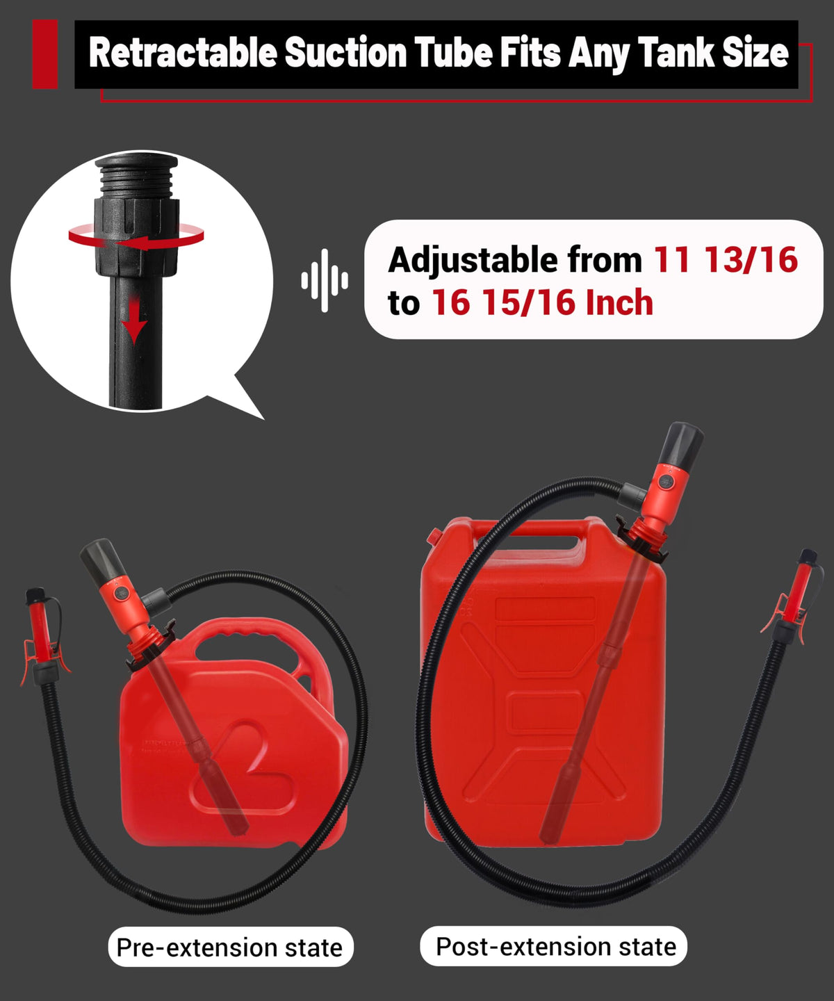 fuelio adjustable intake pipe detail showing length settings for various cans