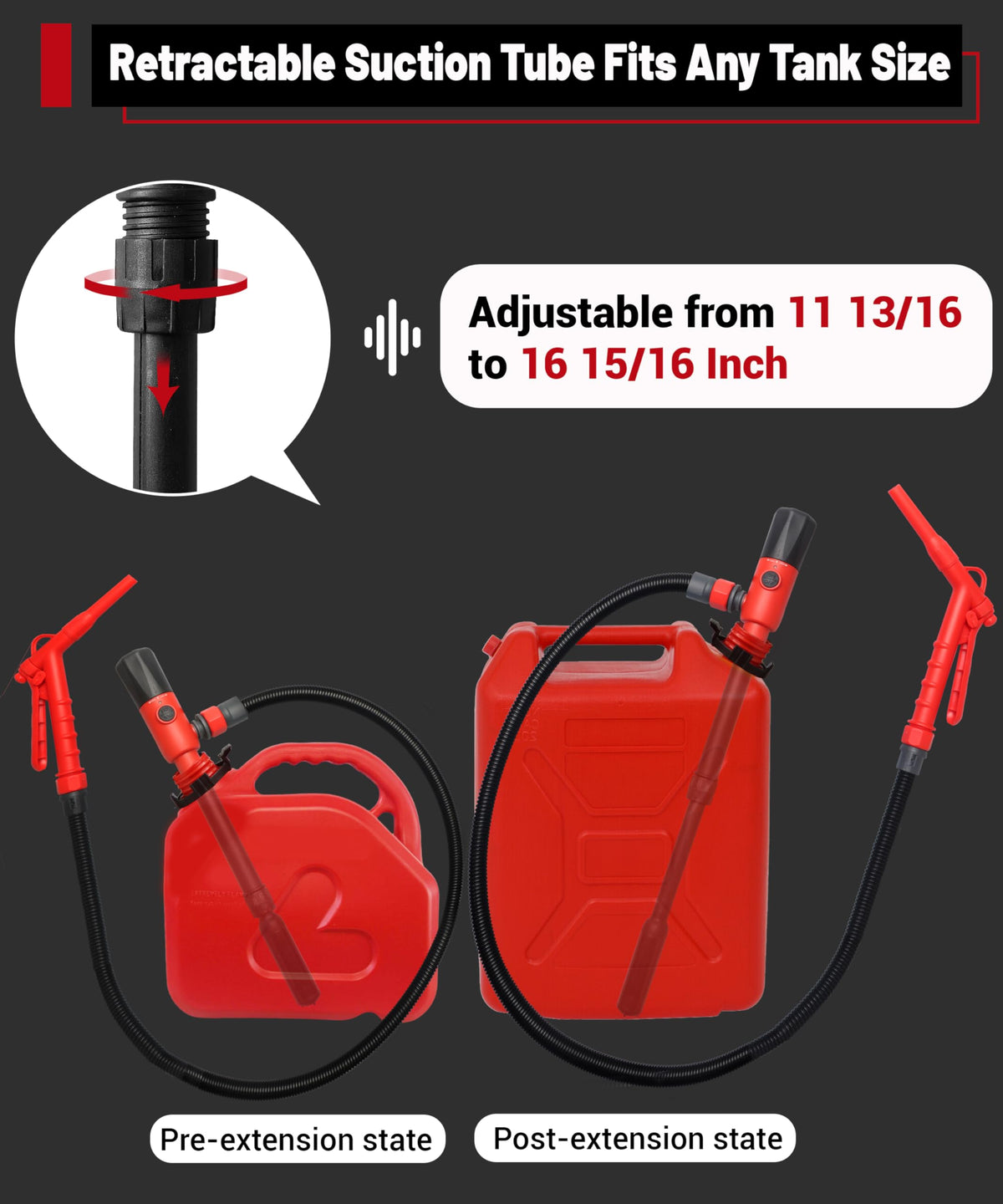 FUELIO retractable intake pipe adjusted to fit different cans