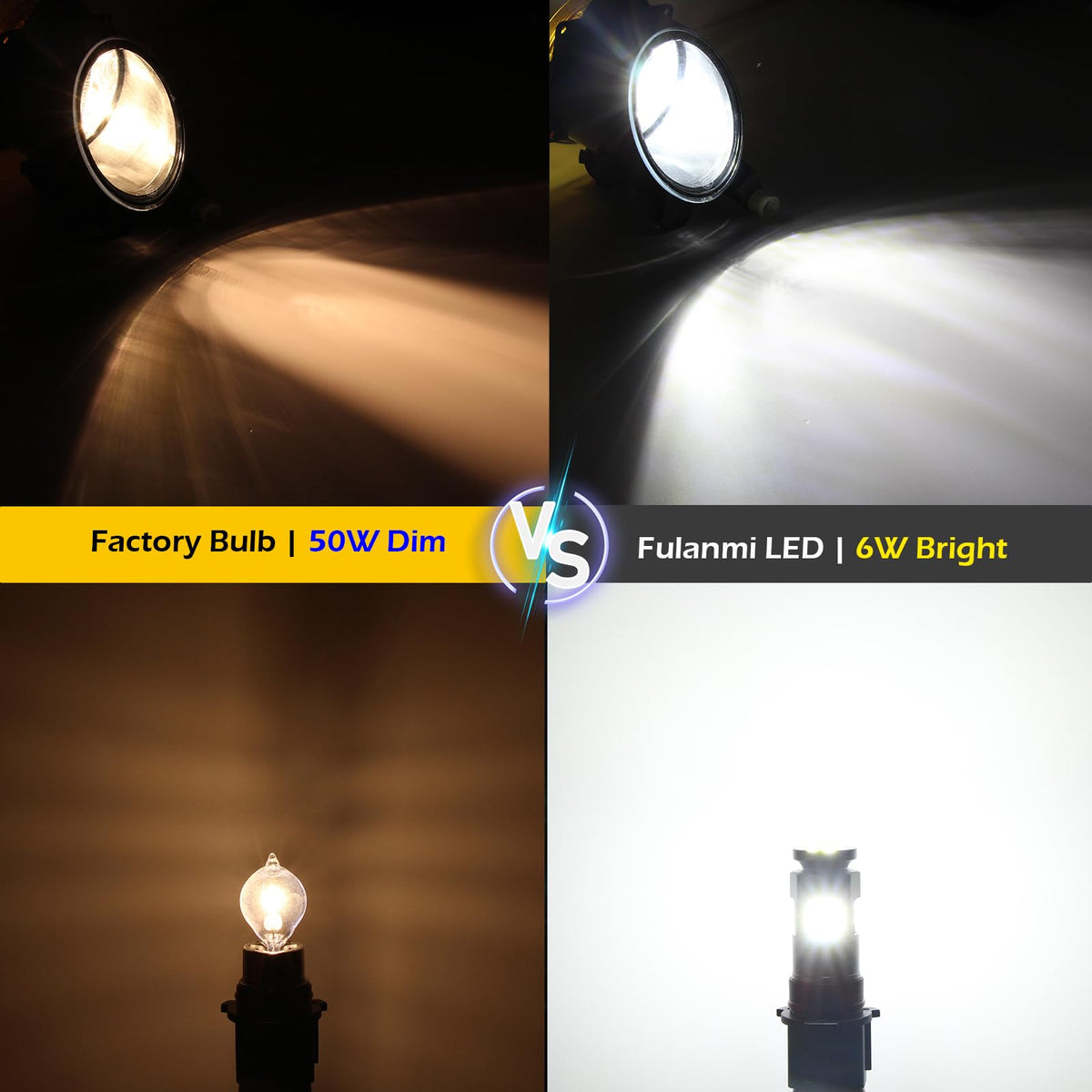 Fulanmi PSX26W beam pattern on road illustrating wider, whiter illumination