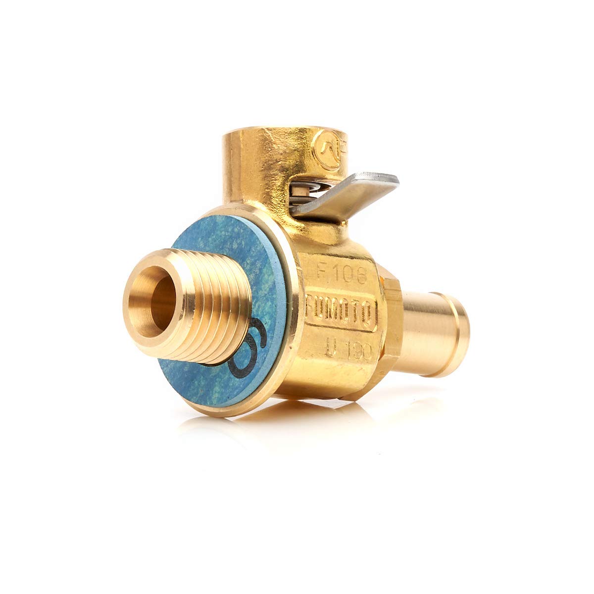 Fumoto F108N long nipple close-up showing hose-ready tip and secure flow control benefit