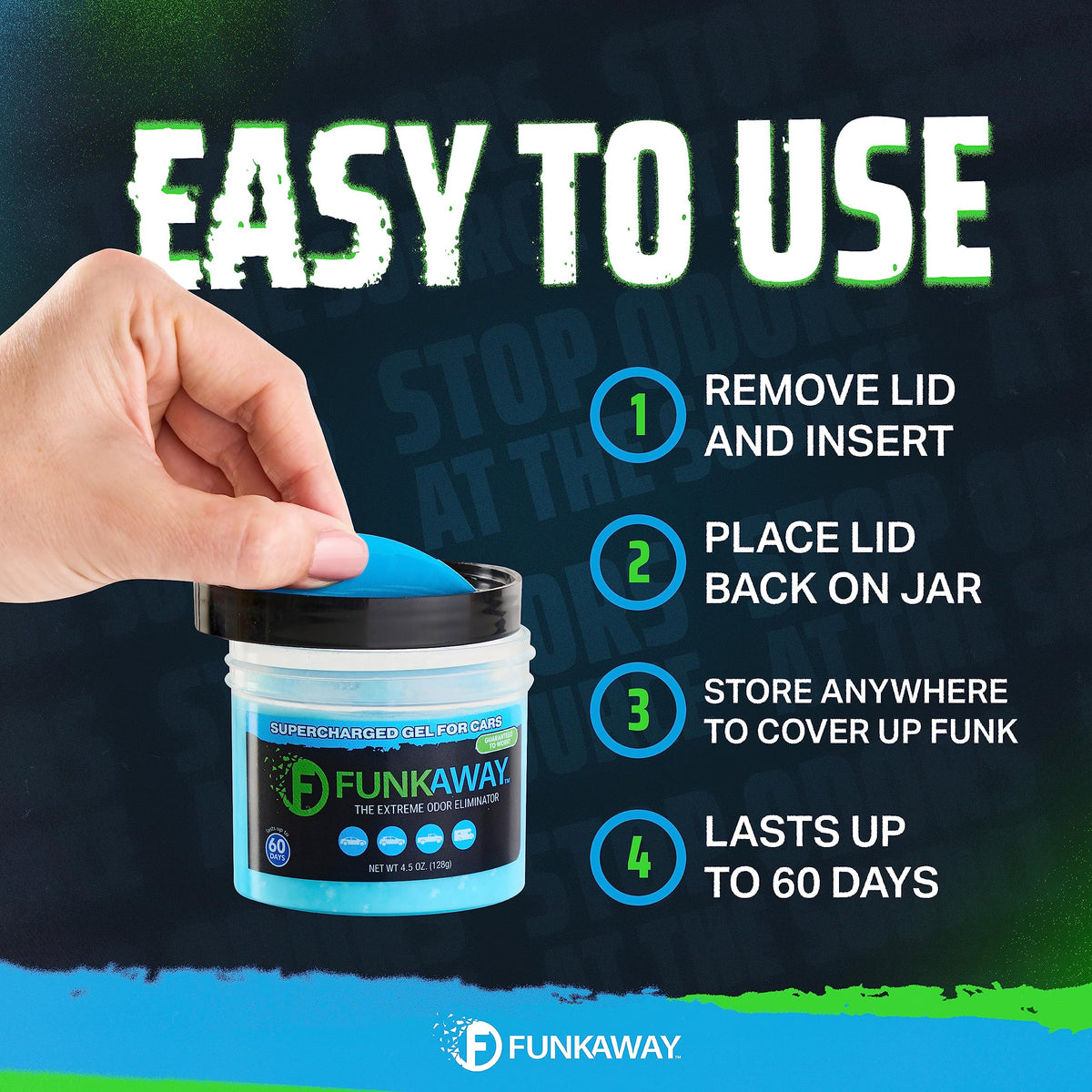 FunkAway beside a credit card showing size and portability benefit