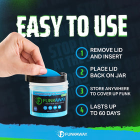 FunkAway beside a credit card showing size and portability benefit