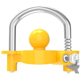 Funmit yellow coupler lock front view showing housing and keys for visible theft deterrence