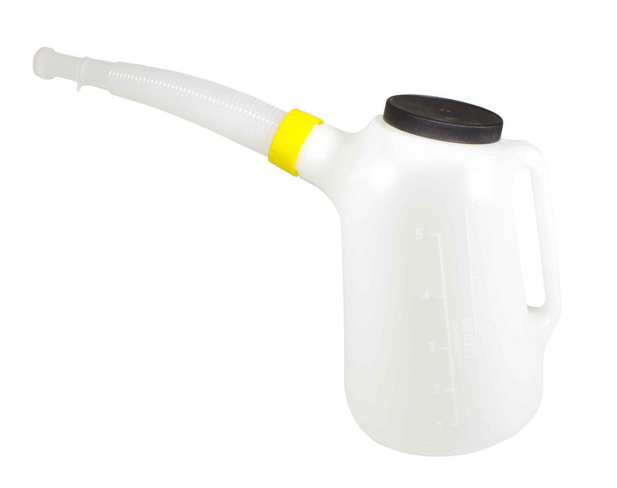 Funnel King removable 12-inch flexible spout stored inside jug demonstrating compact storage and drip-free pouring