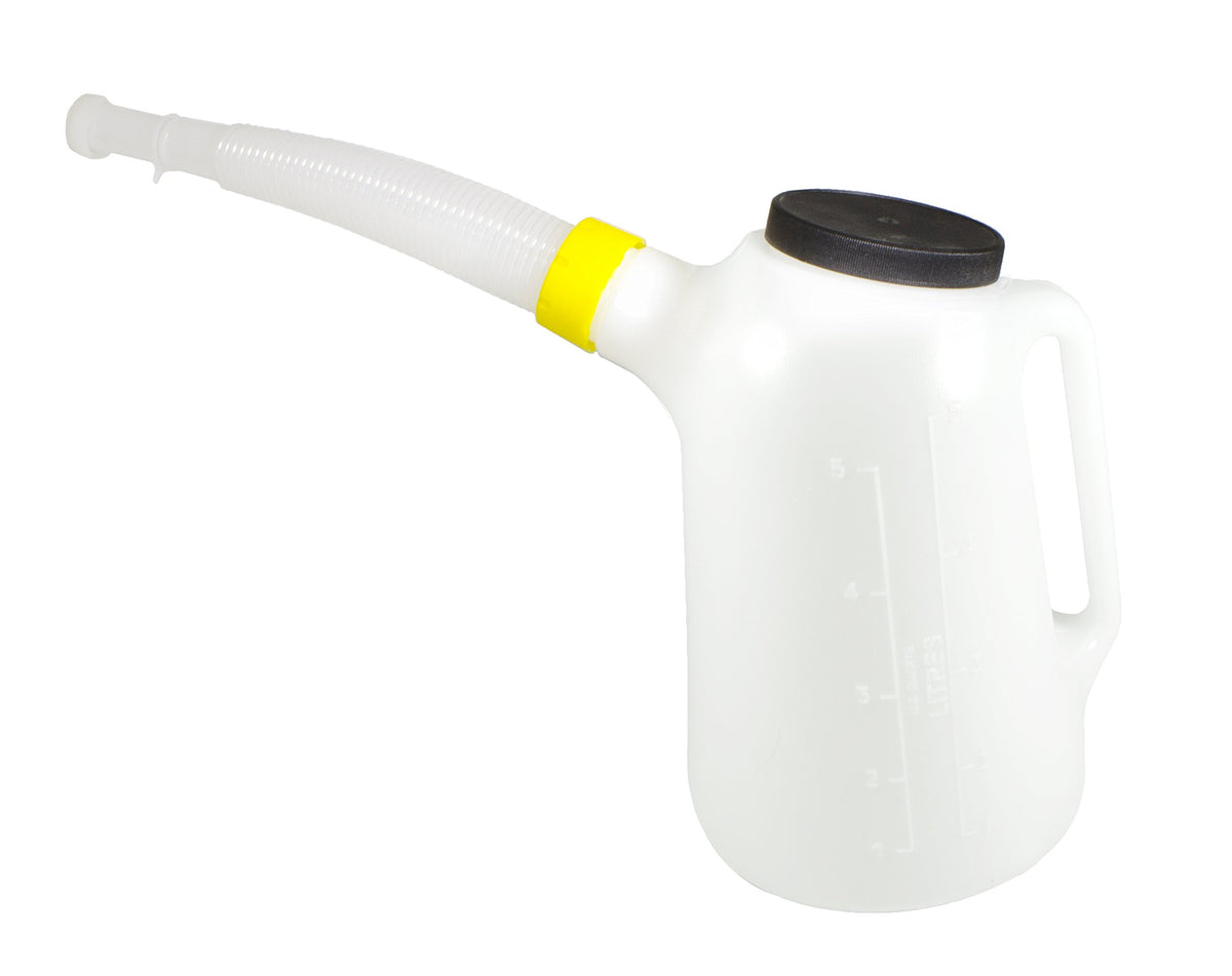 Funnel King front view 5-quart translucent jug showing graduated markings and durable handle for precise measuring