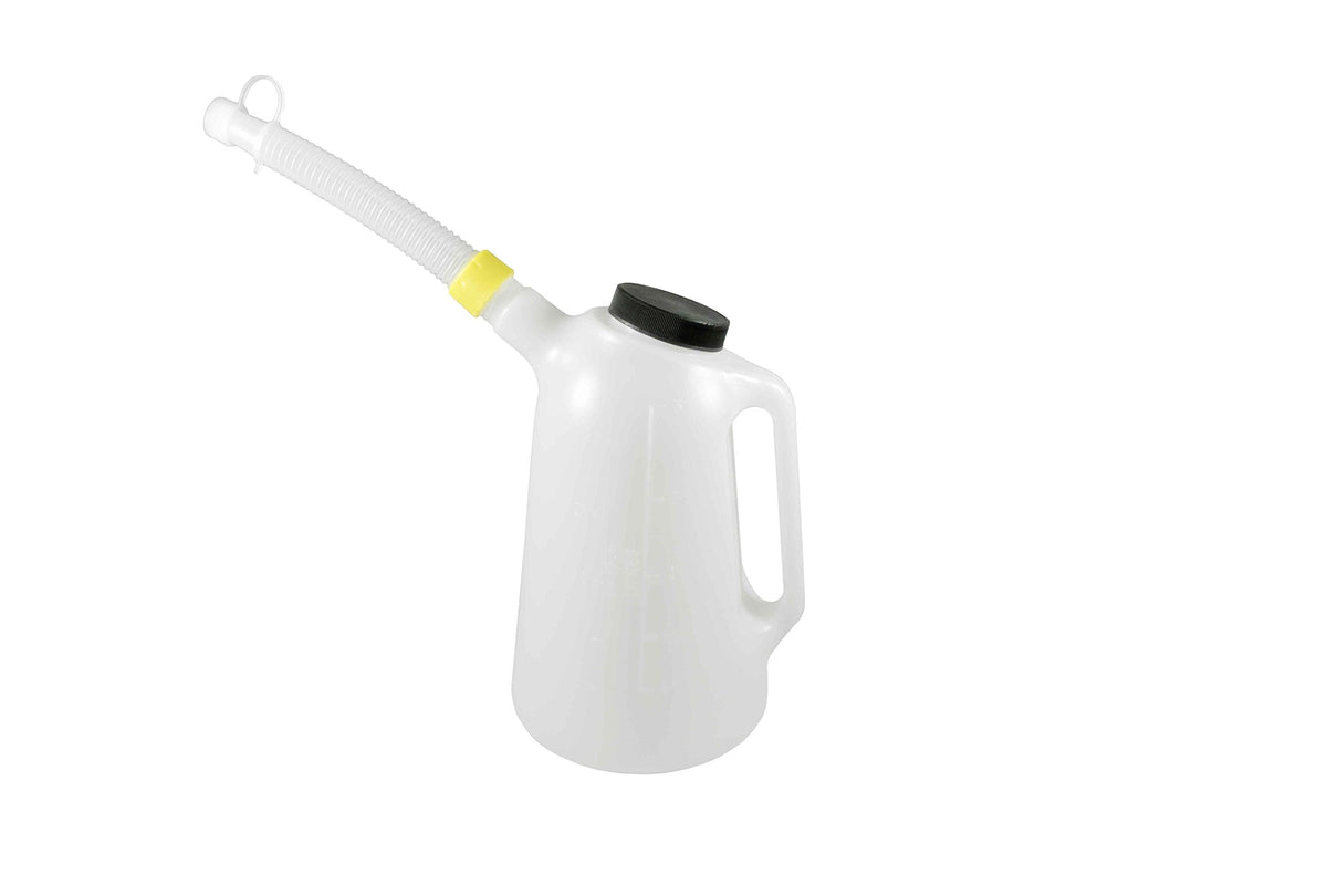 Funnel King WirthCo 94365 flexible spout in use delivering controlled pouring into a recessed fill port
