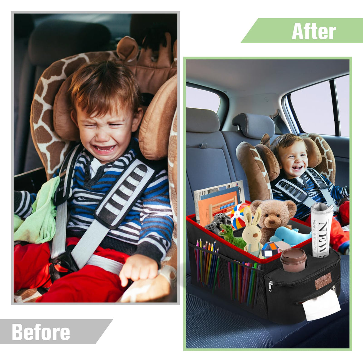 FUNNy elf used on floor and back seat organizing family gear and drinks benefit