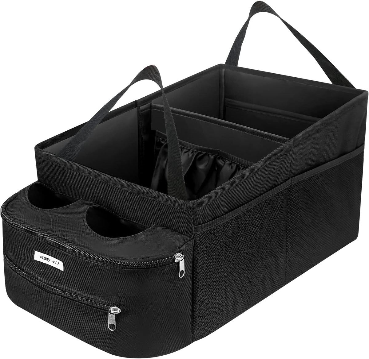 FUNNy elf front view showing full organizer and cup holders benefit: more reachable storage