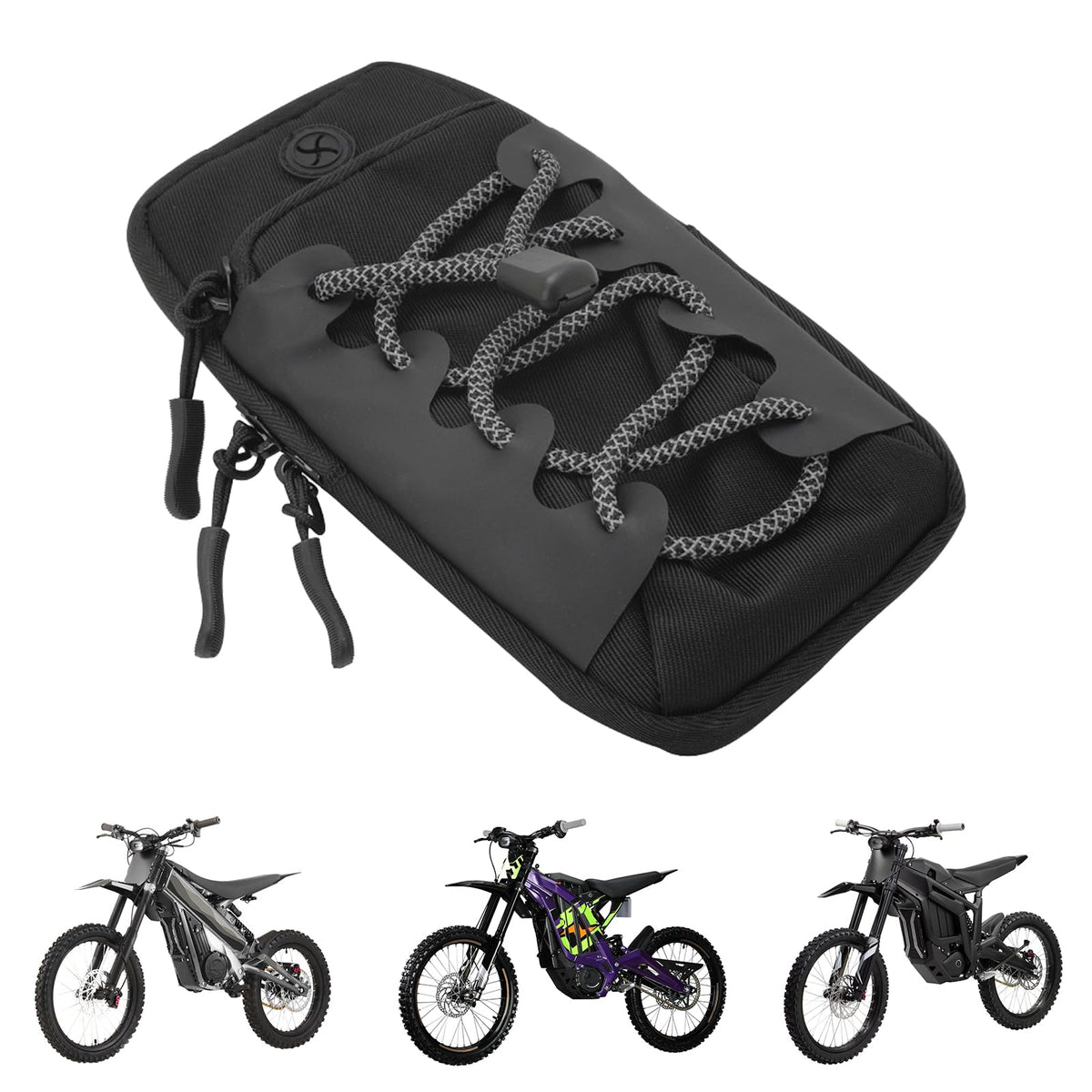 Funparts front-frame bag mounted on Sur Ron, secure storage on-ride