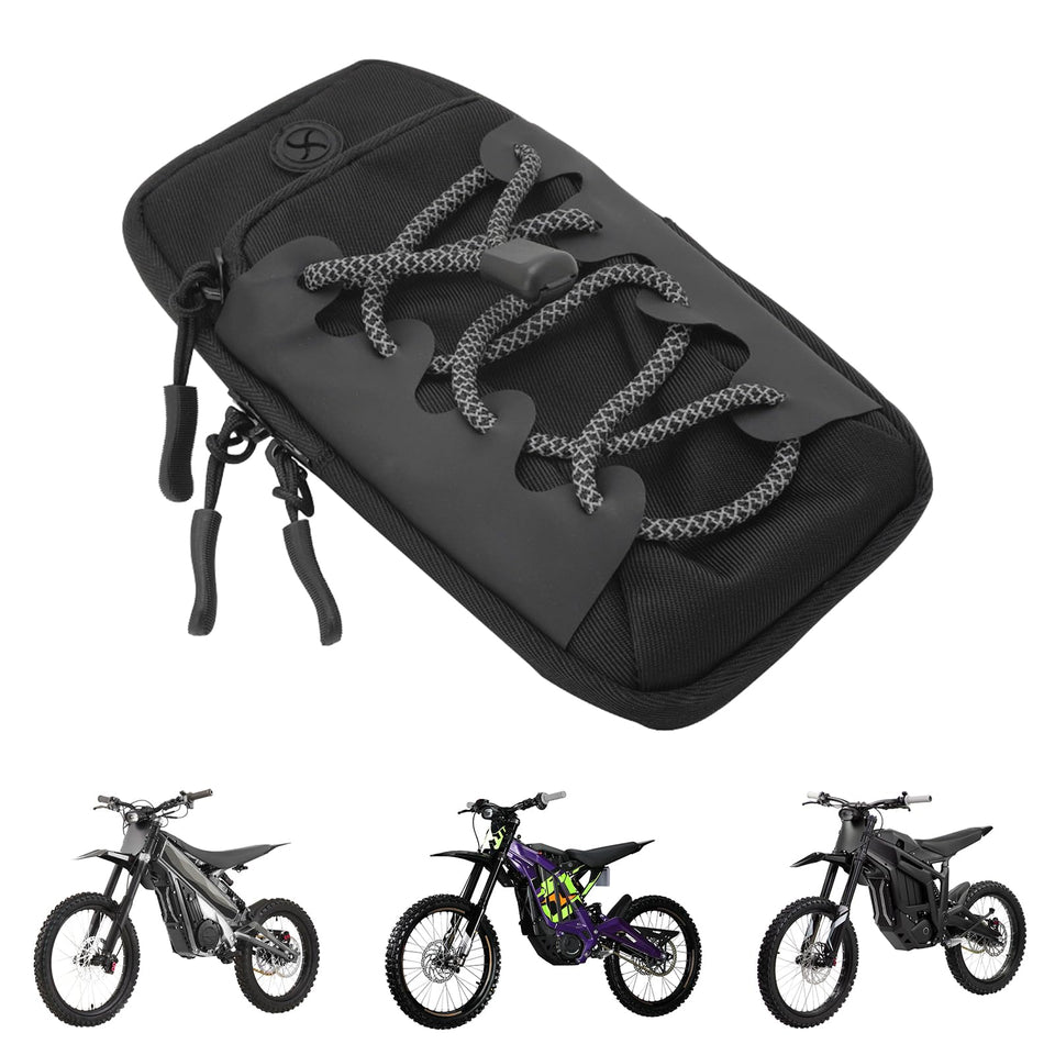 Funparts front-frame bag mounted on Sur Ron, secure storage on-ride