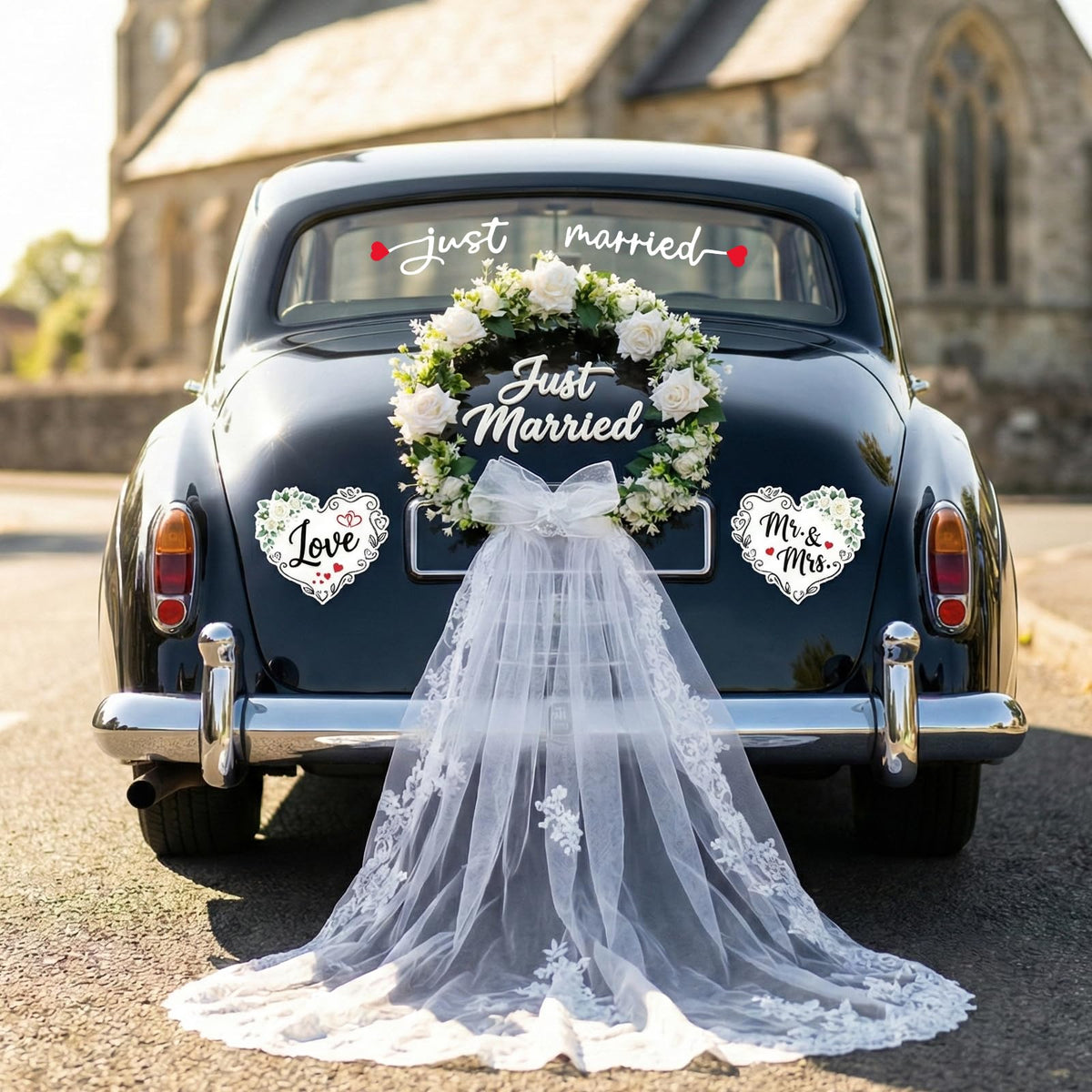 Funtinshdy front wreath on car trunk showing elegant getaway styling and instant impact