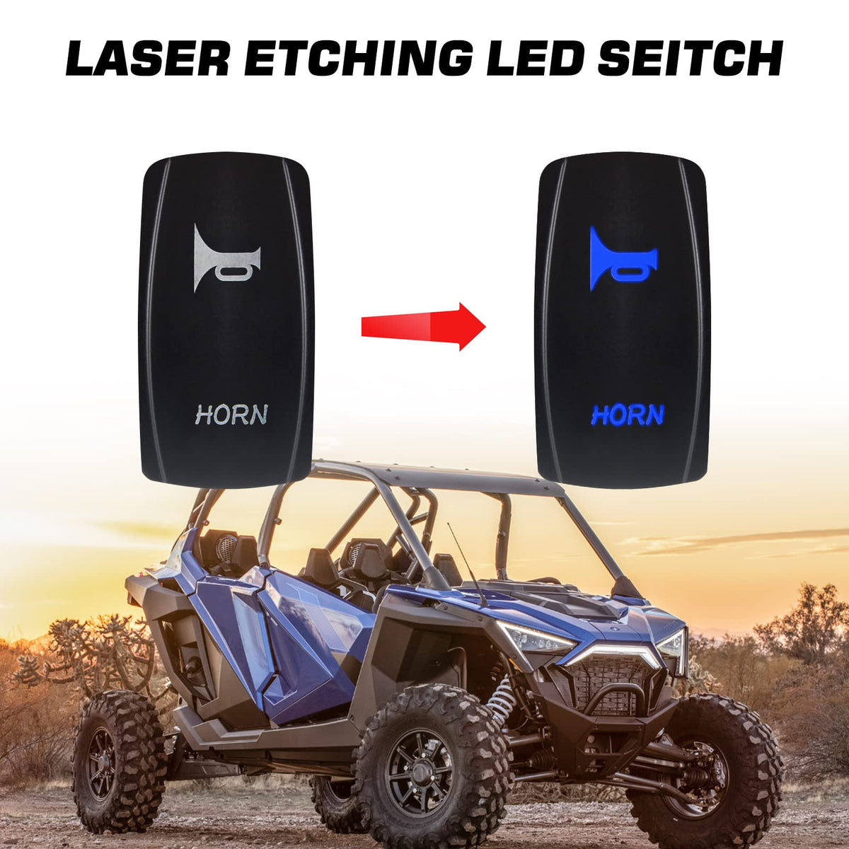 FUNY LED rocker switch close-up with laser-etched legend for easy night use