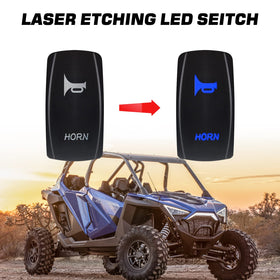 FUNY LED rocker switch close-up with laser-etched legend for easy night use