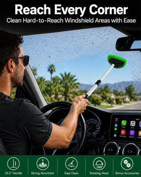 FurnisHIQ tool used from driver seat cleaning windshield for easier reach and comfort