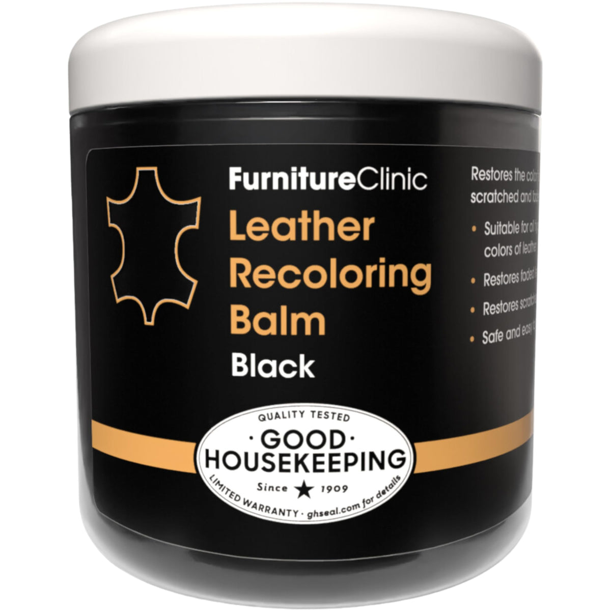 Furniture Clinic balm jar front view showing product label and benefit of easy restoration