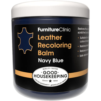 Furniture Clinic balm front label showing product identity and navy blue color