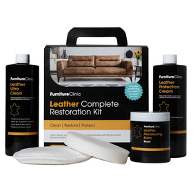 Furniture Clinic kit front view showing bottles and tools, clear product overview benefit