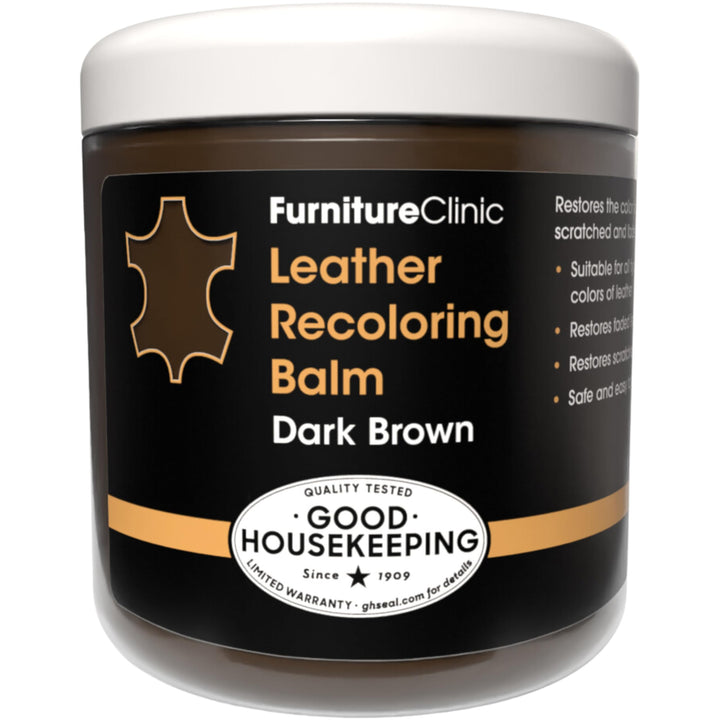 Furniture Clinic front packaging showing dark brown balm and benefit of color restoration