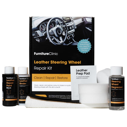 Furniture Clinic front packaging showing full steering wheel repair kit benefits
