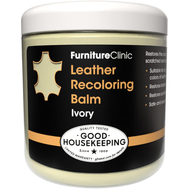 Furniture Clinic bottle front view showing ivory recoloring balm and clear labeling for easy identification