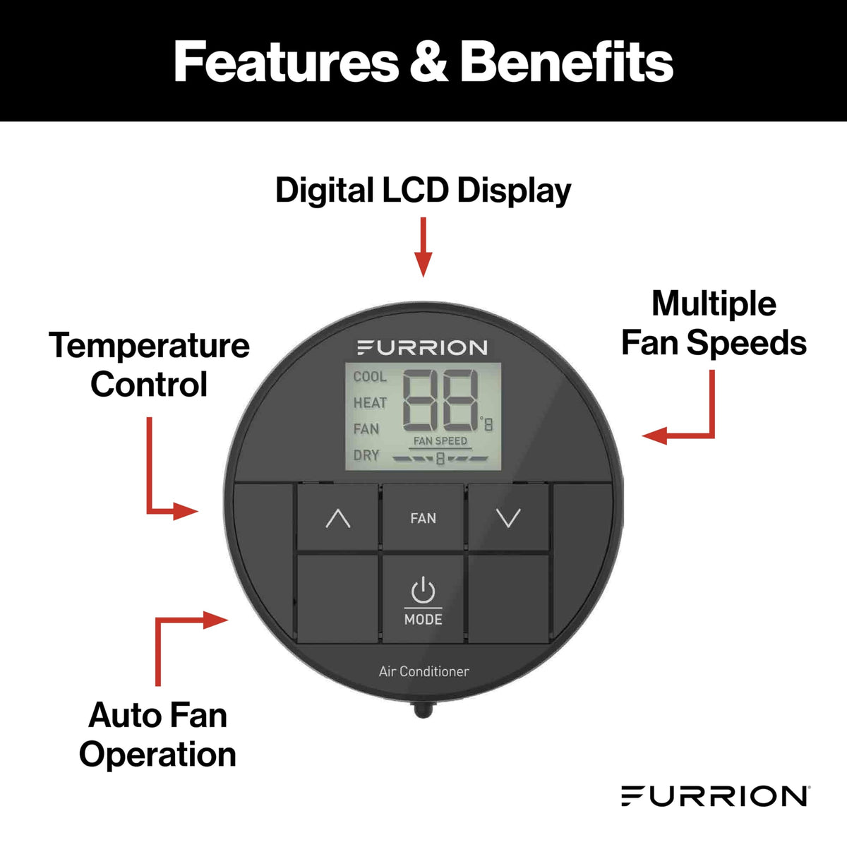 Furrion thermostat close-up of soft-touch buttons for effortless control benefit