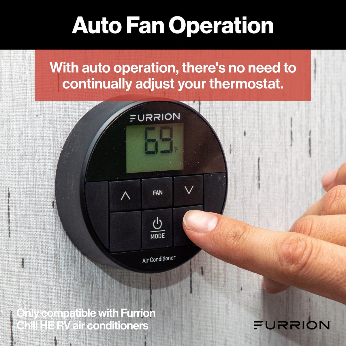 Furrion thermostat in RV cabin showing integrated look and improved comfort benefit
