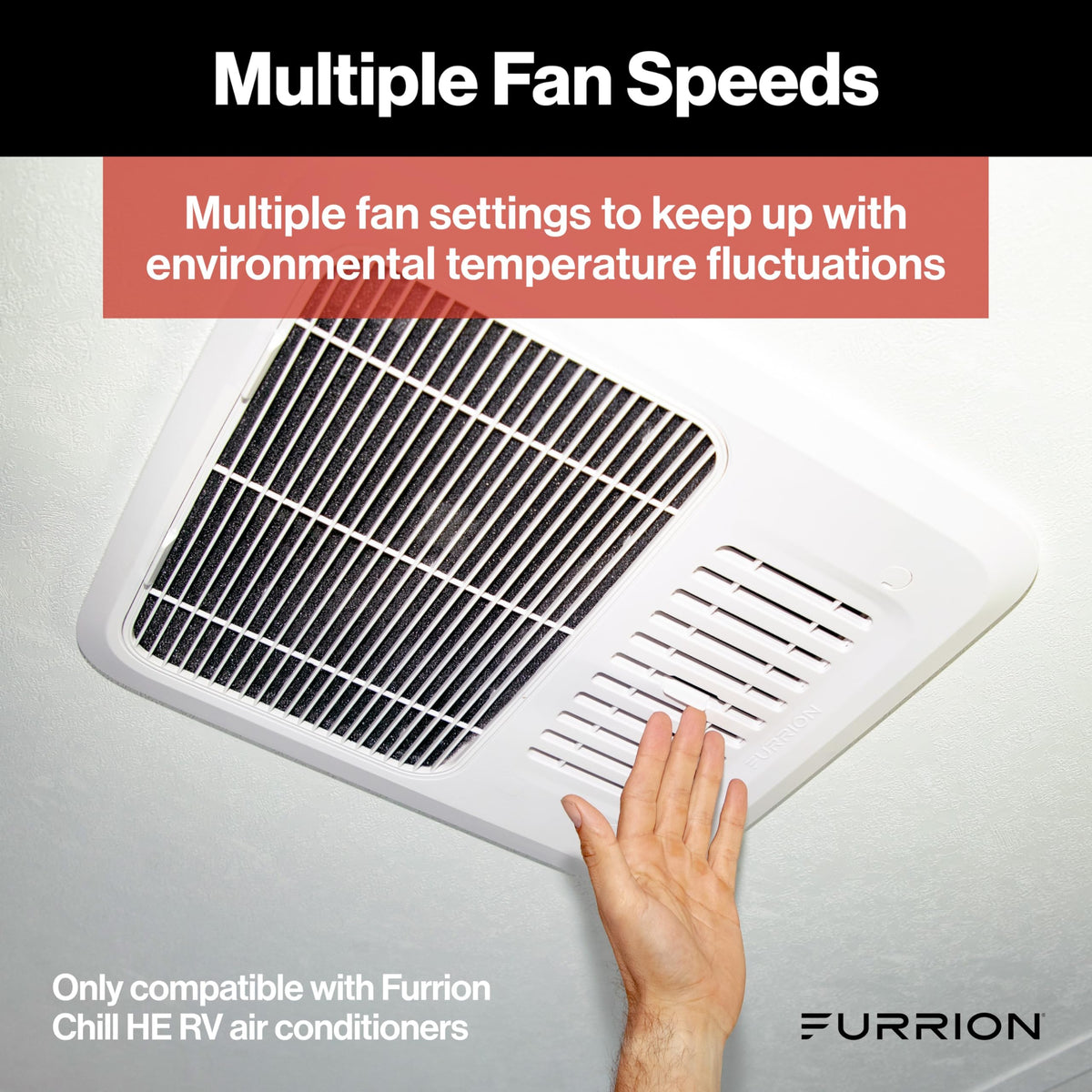 Furrion thermostat held in hand to show size and easy handling benefit