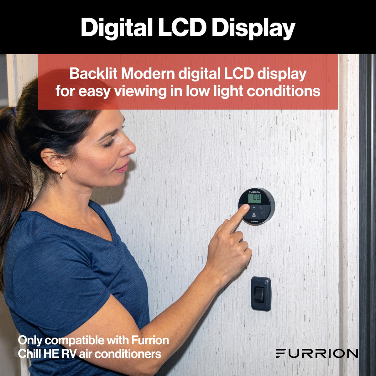 Furrion thermostat side profile mounted on RV wall showing low profile benefit