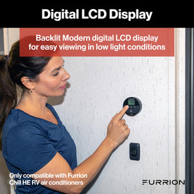 Furrion thermostat side profile mounted on RV wall showing low profile benefit