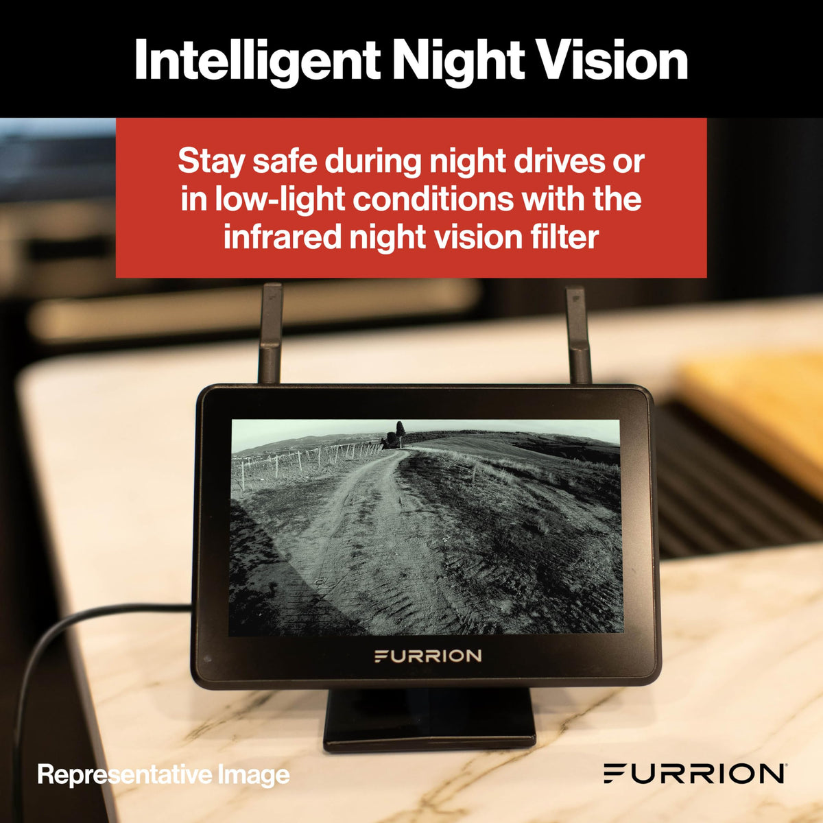 Furrion Vision S+ camera mounted on RV side illustrating blind-spot reduction