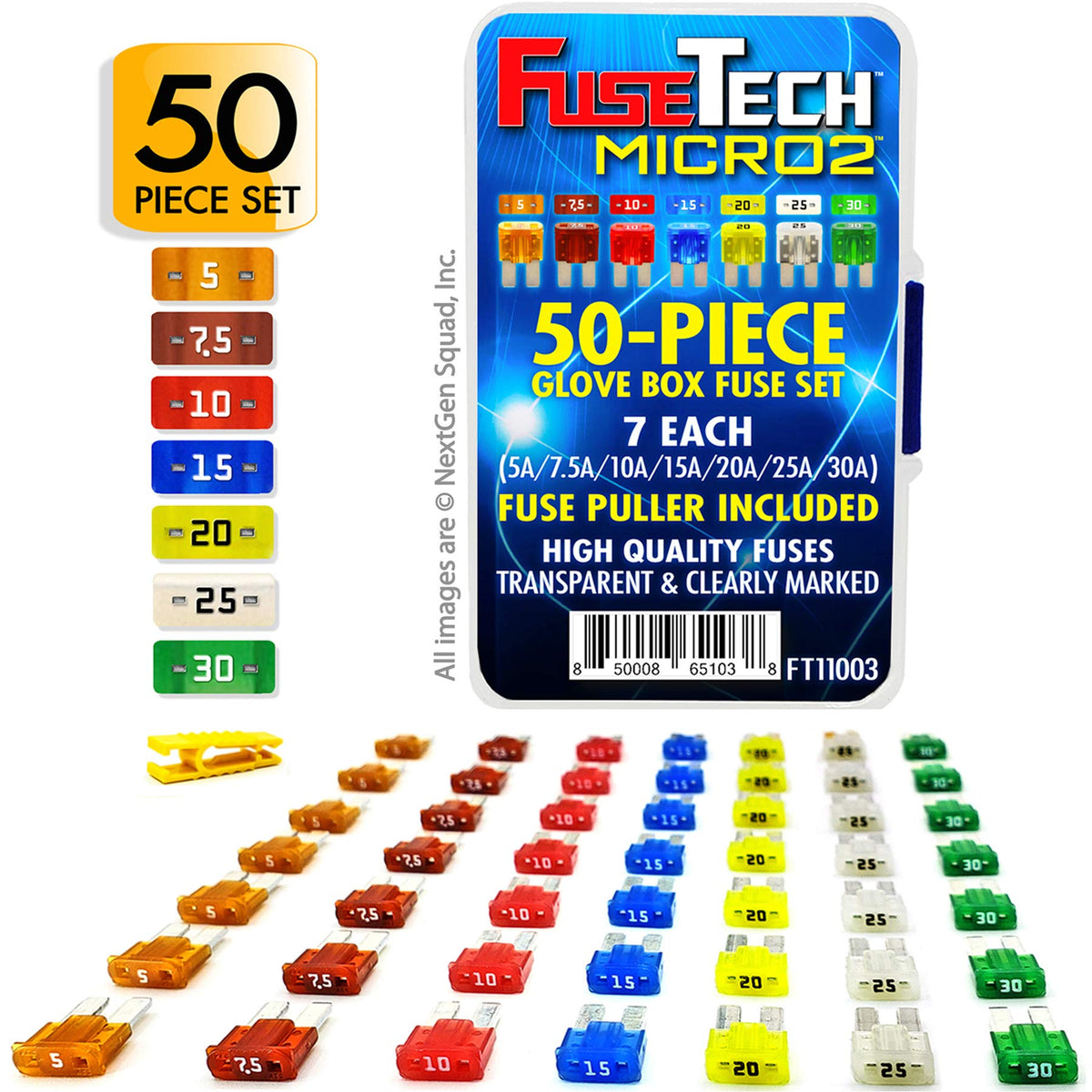 FuseTech color-coded fuses arrayed by amp rating for fast identification