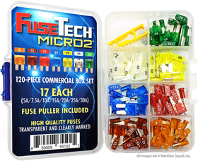 FuseTech color-coded fuses arrayed by amp rating for fast selection advantage