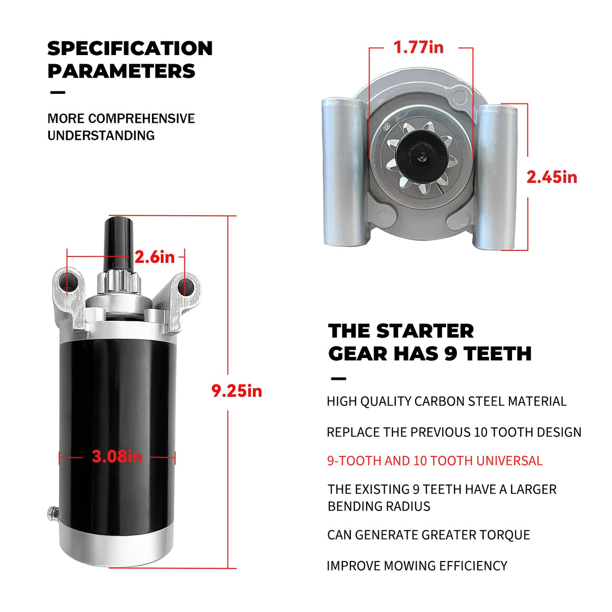 FUYEAR starter close-up of 9-tooth pinion highlighting stronger torque and smooth engagement