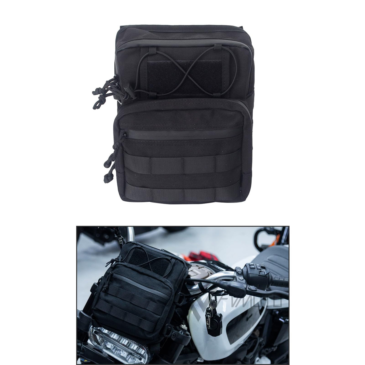 FVMOTO front view of handlebar bag showing compact storage benefit