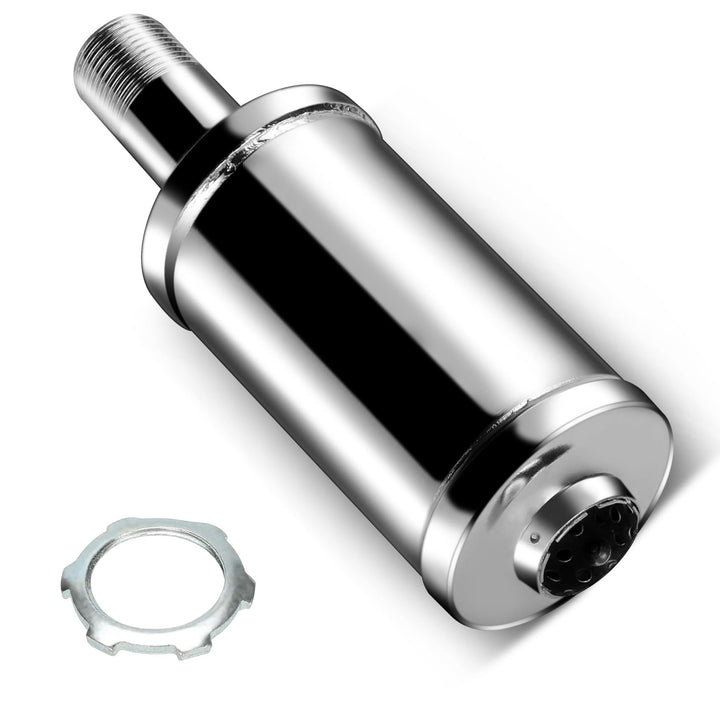 FVRITO front view muffler showing polished chrome finish and compact shape for easy fit