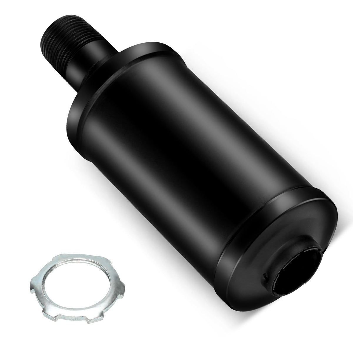 FVRITO muffler front view showing polished chrome and compact design benefit