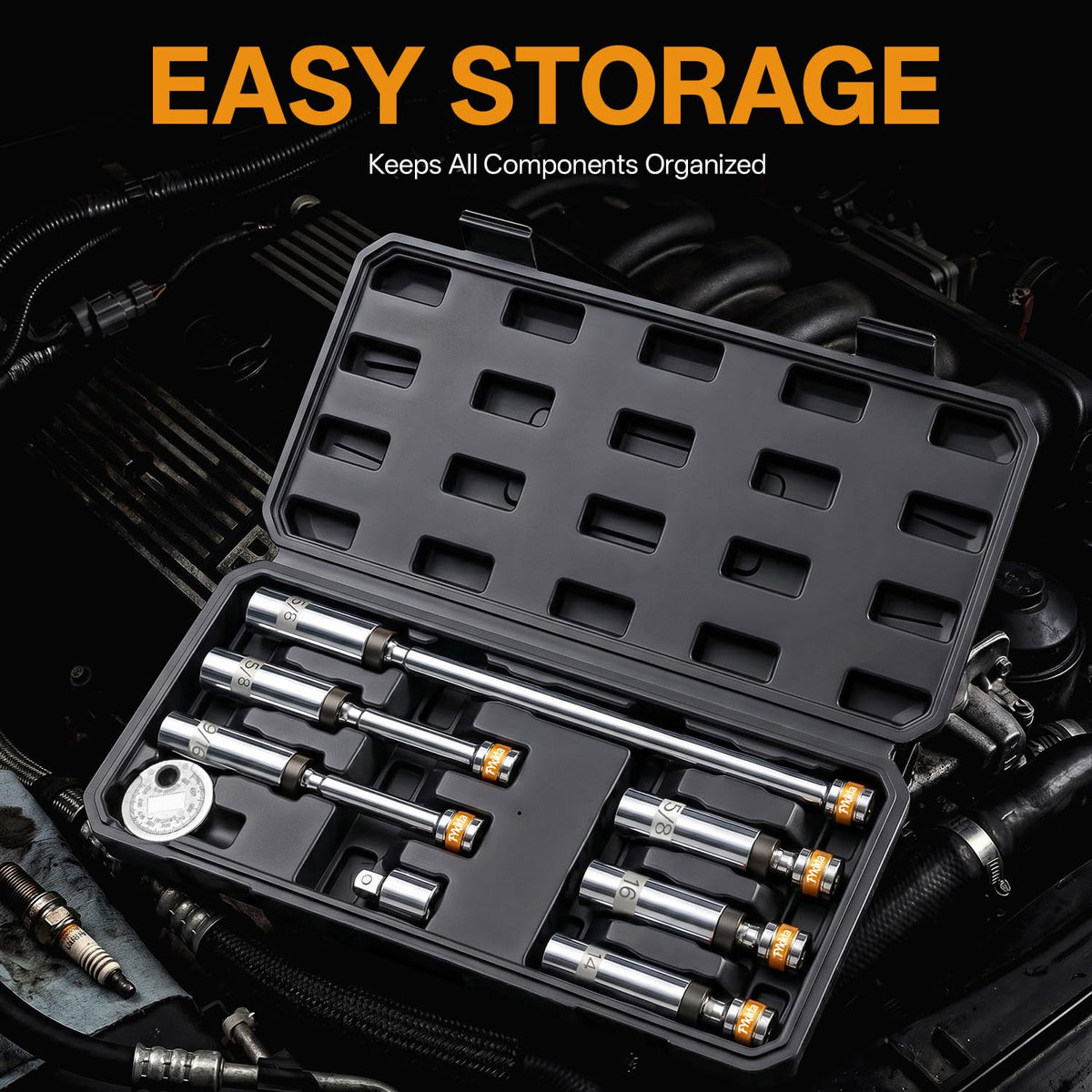 Fykikta socket set in use inside an engine bay for tight access