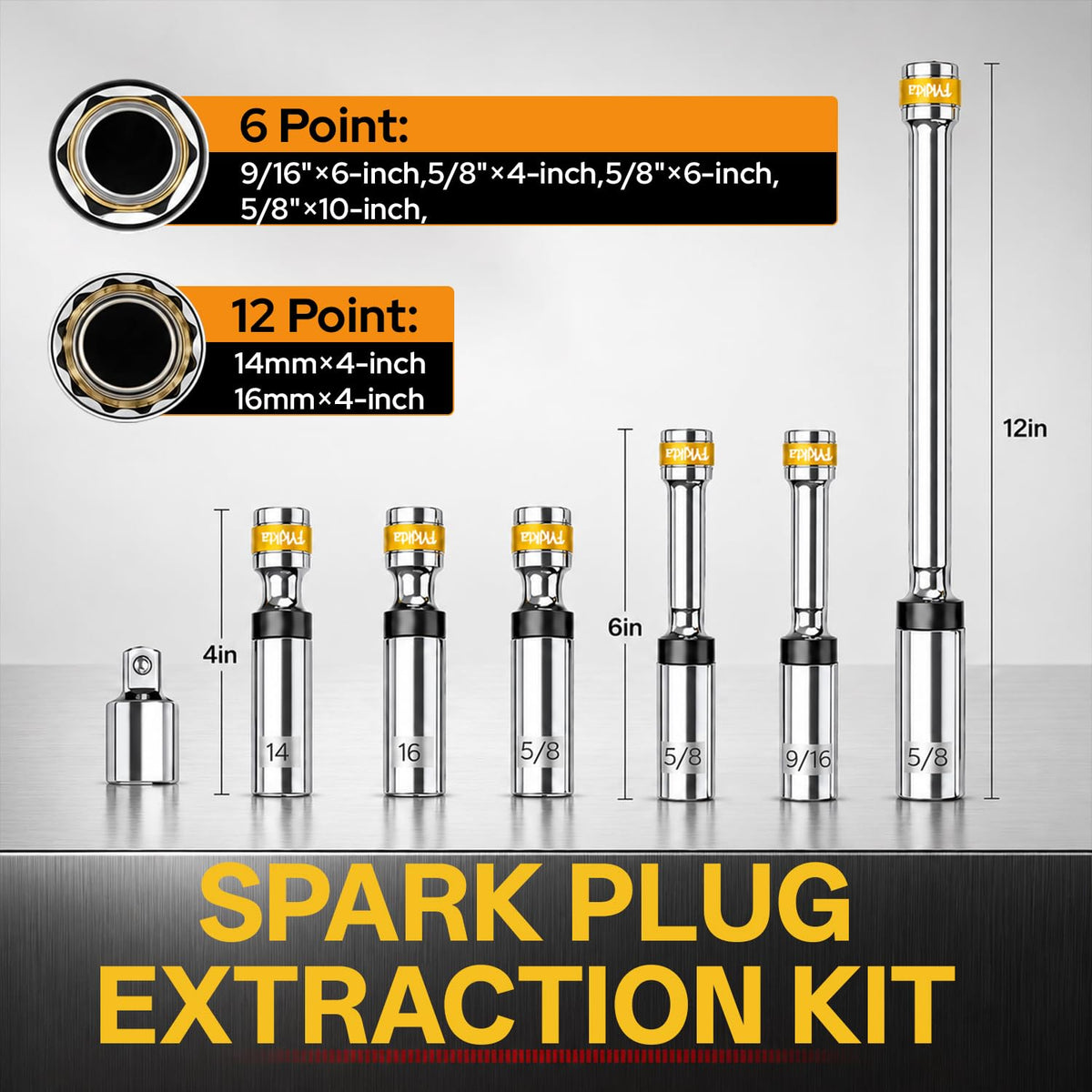Fykikta socket set lined up showing sizes for broad vehicle coverage