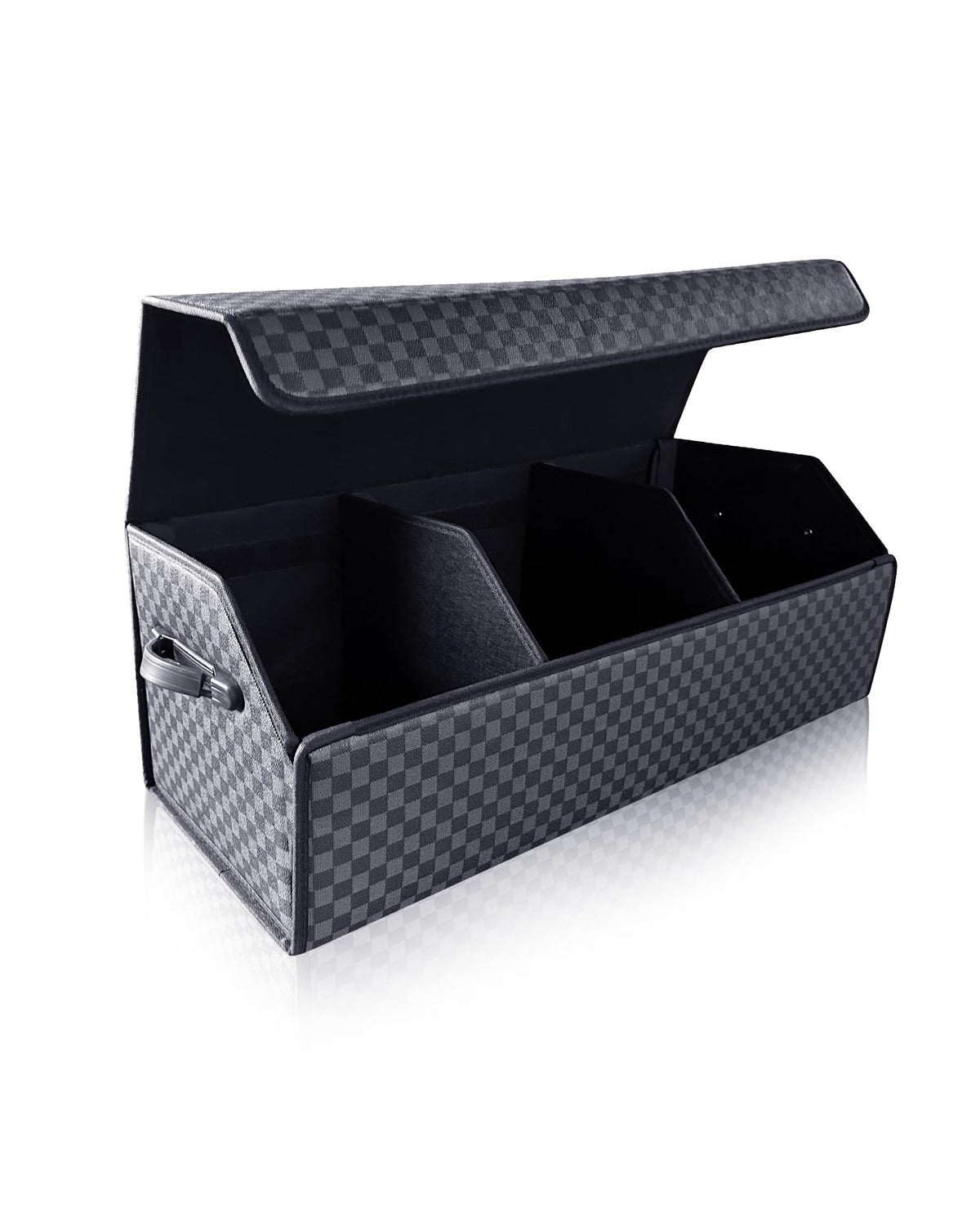 Fyzeoty trunk organizer front view showing blue-gray finish and capacity benefit
