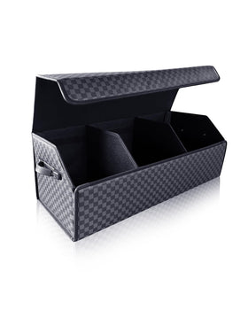 Fyzeoty trunk organizer front view showing blue-gray finish and capacity benefit