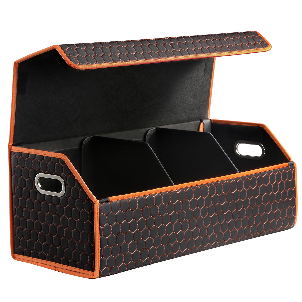 Fyzeoty front view showing orange-honeycomb organizer and neat trunk benefit
