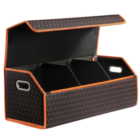 Fyzeoty front view showing orange-honeycomb organizer and neat trunk benefit