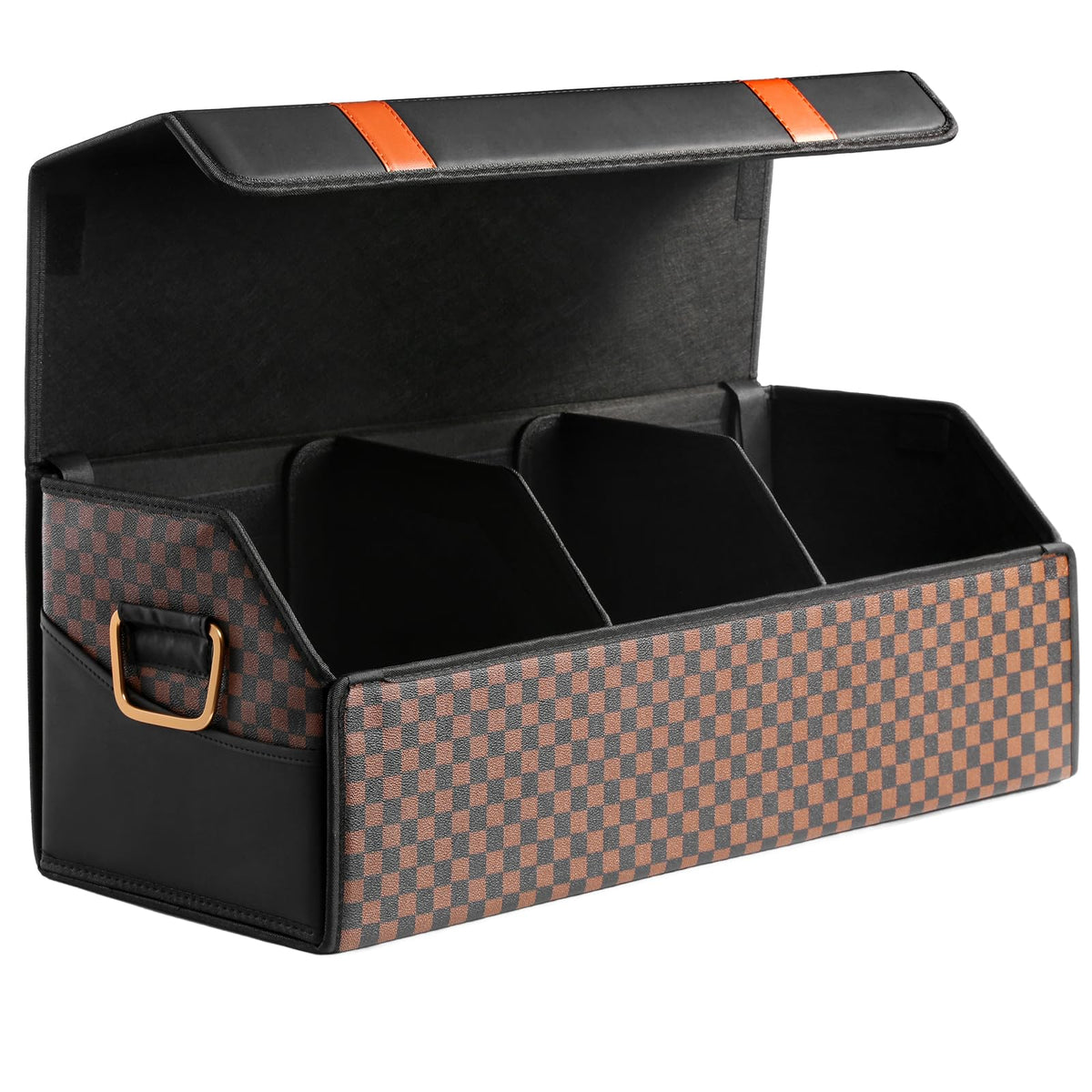 Fyzeoty front view orange-stripe plaid showing organized storage benefit