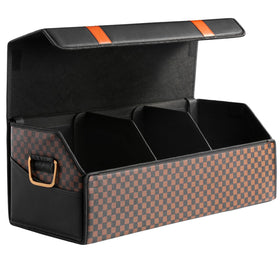 Fyzeoty front view orange-stripe plaid showing organized storage benefit