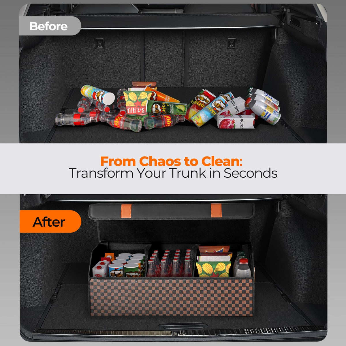 Fyzeoty in car trunk with groceries showing secure transport benefit