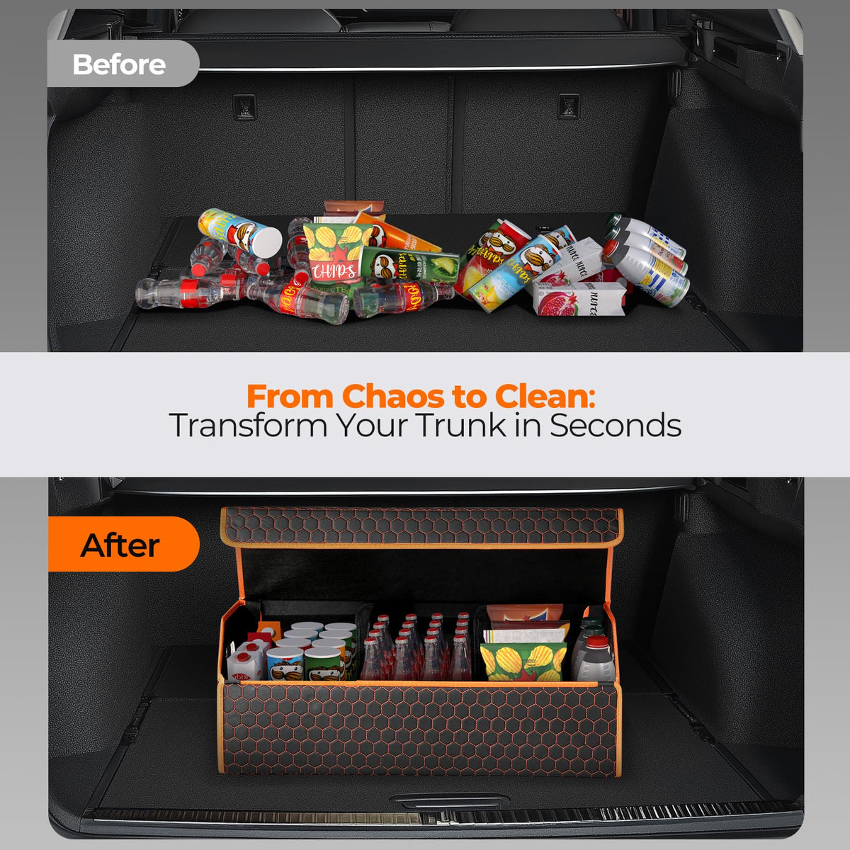 Fyzeoty in trunk holding groceries showing organized transport benefit