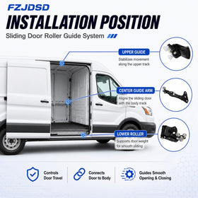FZJDSD installed upper roller on Transit door demonstrating alignment benefit