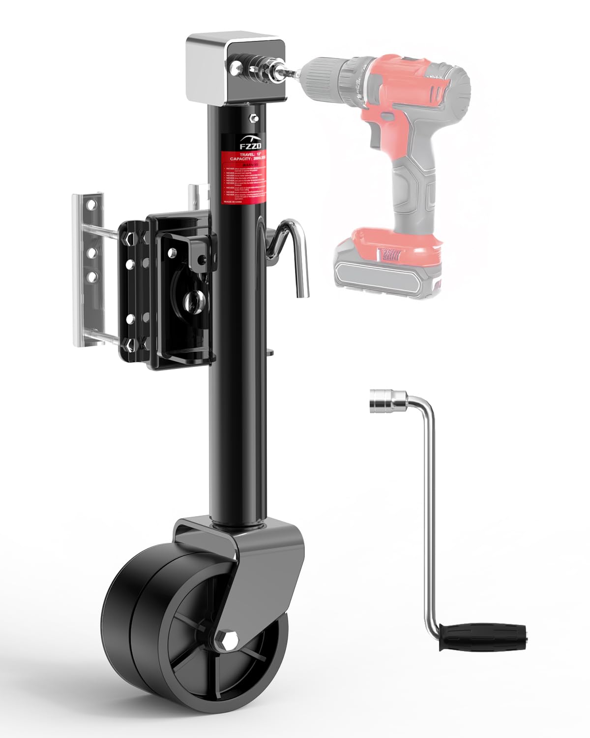 FZZD front view of dual-wheel trailer jack showing sturdy base and lift benefit