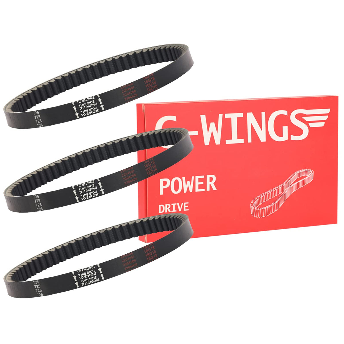 G-WINGS 725 belts front packaging showing three belts and clear labeling for reliable replacement