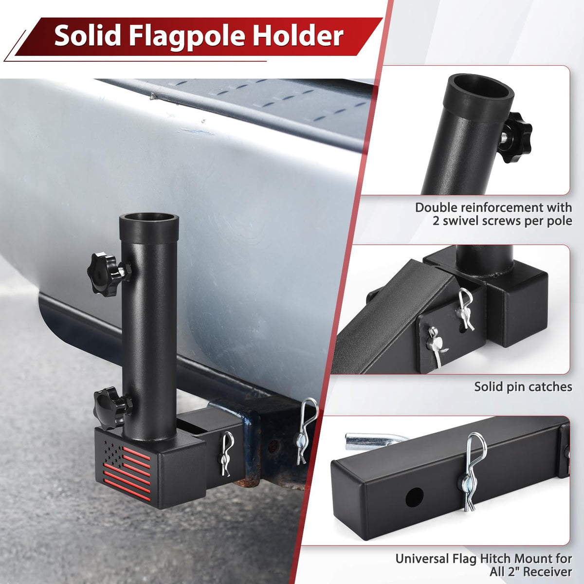 GADFISH flagpole inserted in 2-inch receiver showing stable fit benefit